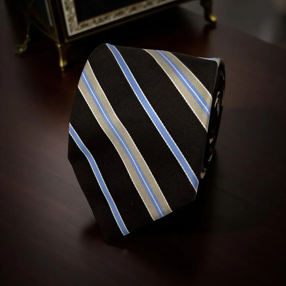 Nautica‎ 100% Silk Brown Tan Blue Striped Classic Necktie 57.25” x 3.5”